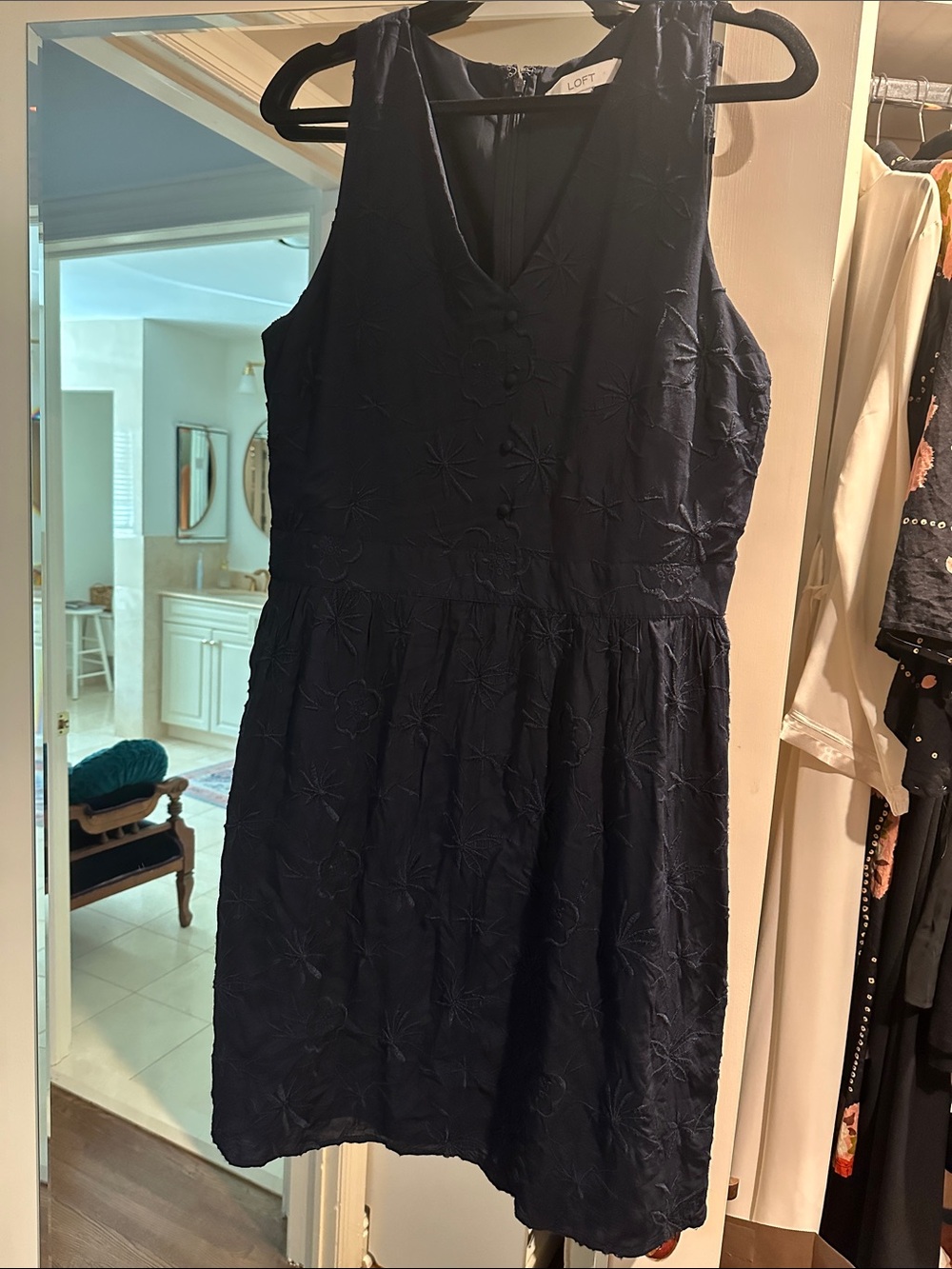 LOFT Navy Sleeveless Embroidered V-Neck Sundress